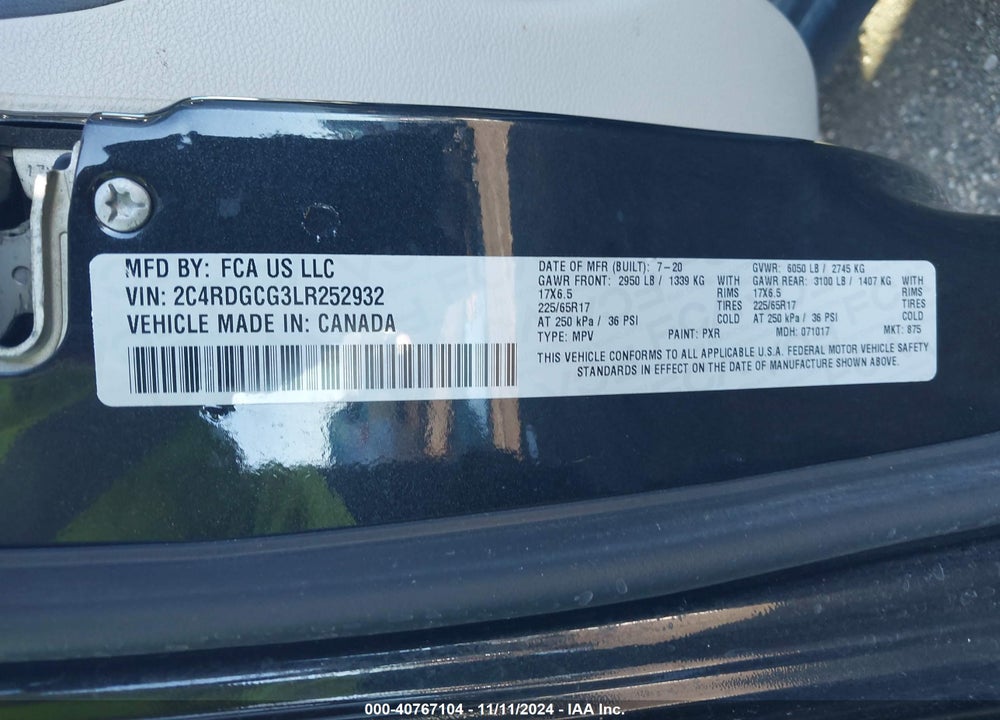 2020 DODGE GRAND CARAVAN SXT VIN: 2C4RDGCG3LR252932