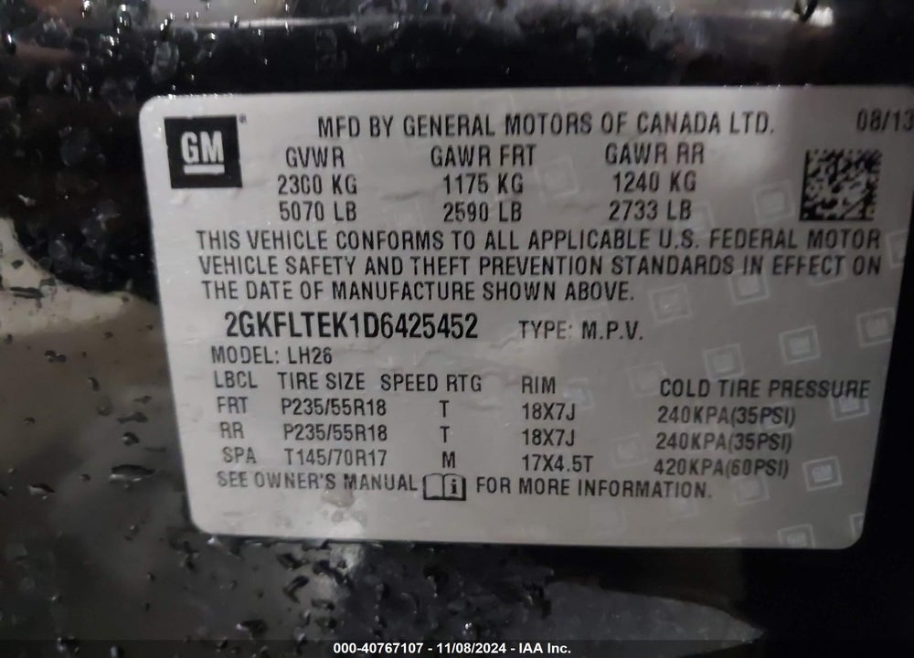 2013 GMC TERRAIN SLE-2 VIN: 2GKFLTEK1D6425452
