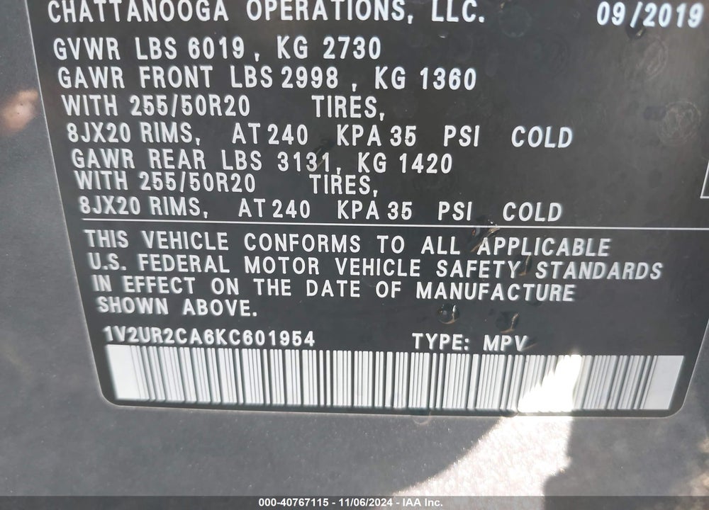 2019 VOLKSWAGEN ATLAS 3.6L V6 SE W/TECHNOLOGY VIN: 1V2UR2CA6KC601954