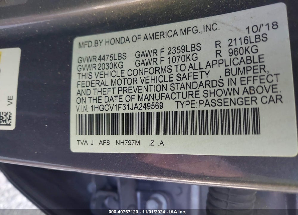 2018 HONDA ACCORD SPORT VIN: 1HGCV1F31JA249569