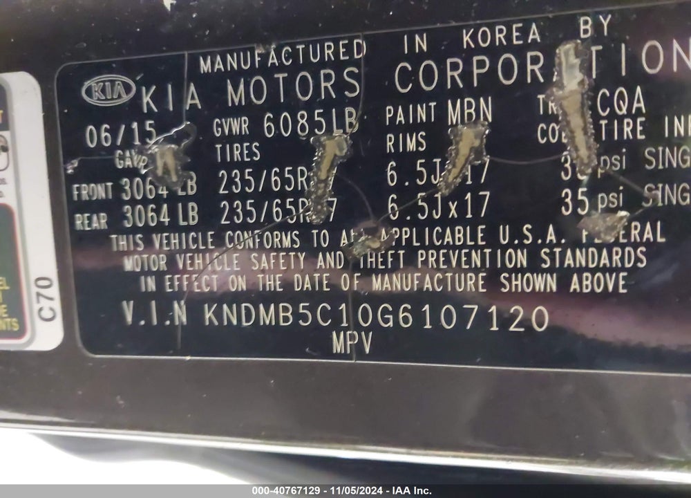 2016 KIA SEDONA LX VIN: KNDMB5C10G6107120