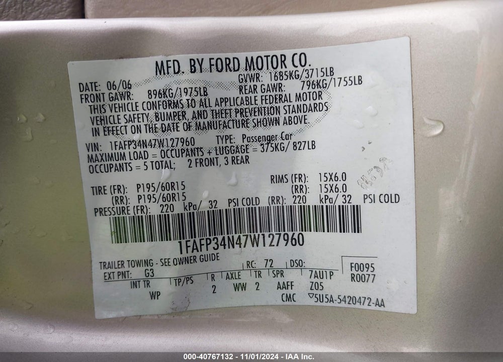 2007 FORD FOCUS S/SE/SES VIN: 1FAFP34N47W127960