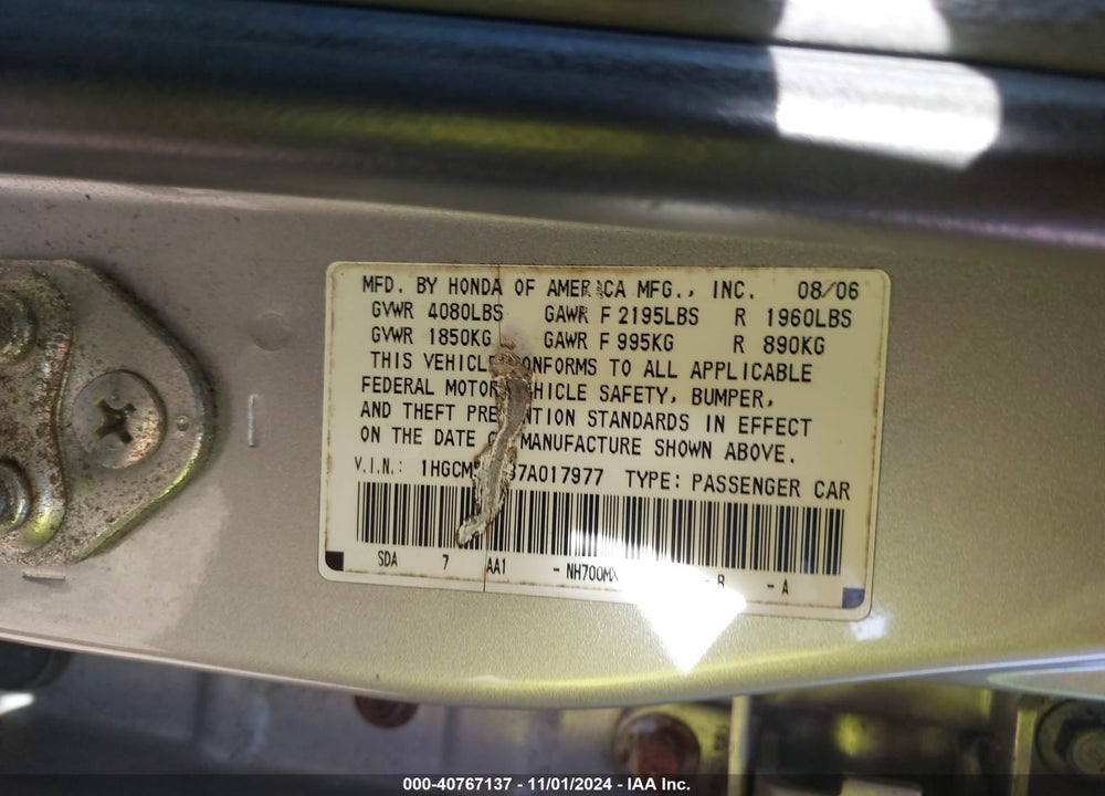2007 HONDA ACCORD 2.4 VP VIN: 1HGCM55137A017977