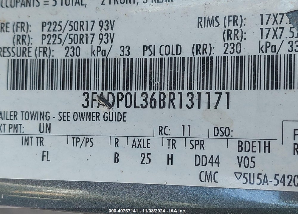 2011 FORD FUSION HYBRID VIN: 3FADP0L36BR131171