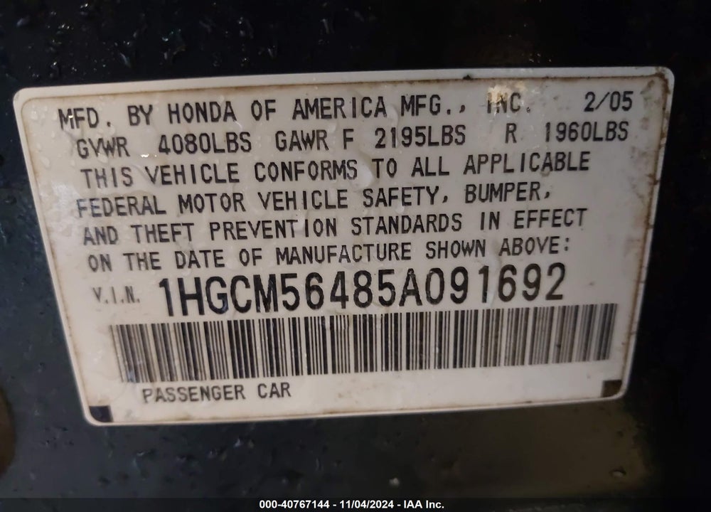 2005 HONDA ACCORD 2.4 LX VIN: 1HGCM56485A091692