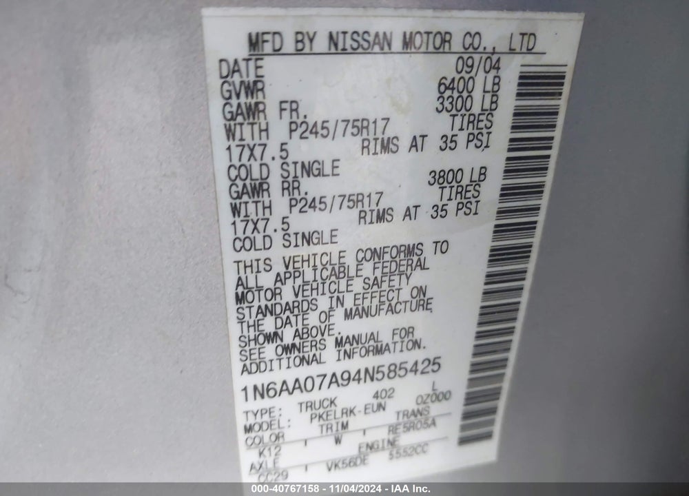 2004 NISSAN TITAN XE VIN: 1N6AA07A94N585425