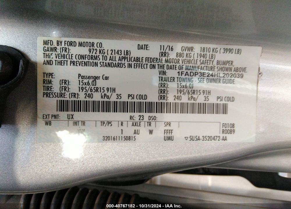 2017 FORD FOCUS S VIN: 1FADP3E24HL202039