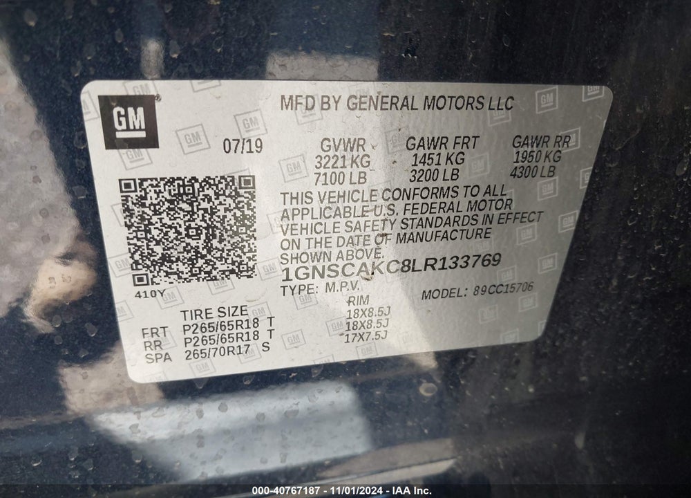 2020 CHEVROLET TAHOE 2WD LS VIN: 1GNSCAKC8LR133769