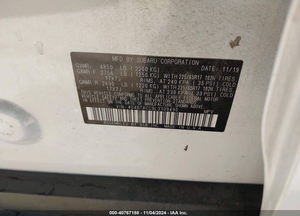 2020 SUBARU OUTBACK PREMIUM VIN: 4S4BTACC9L3139490
