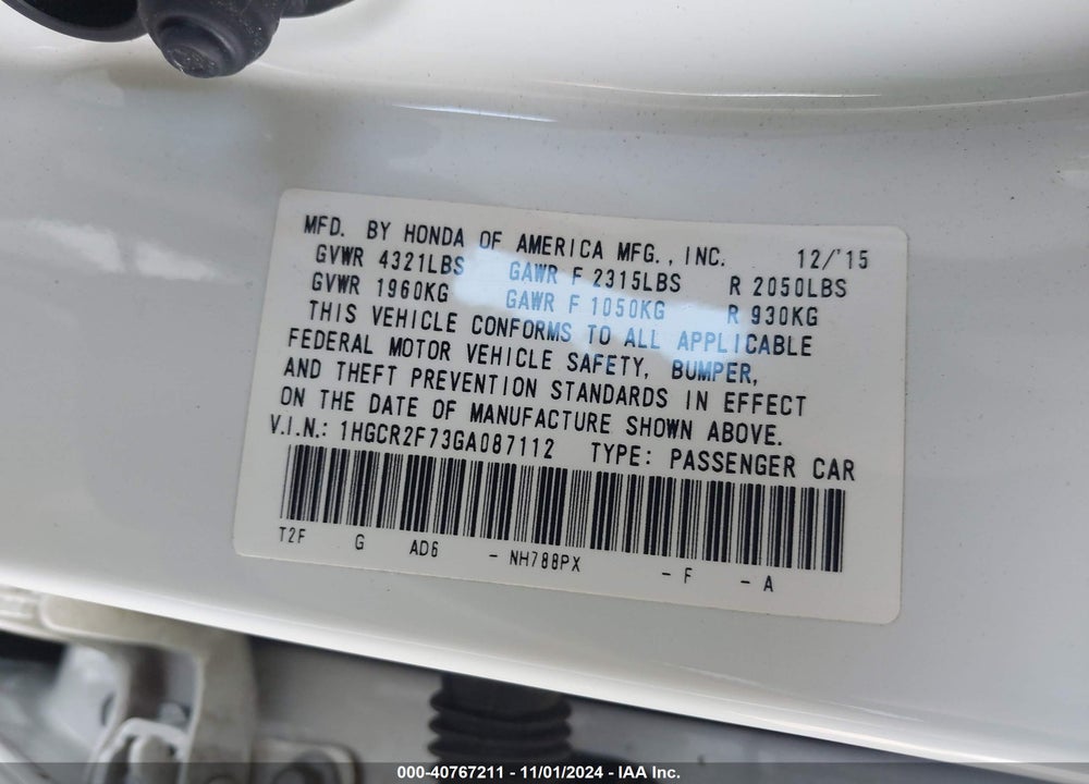 2016 HONDA ACCORD EX VIN: 1HGCR2F73GA087112