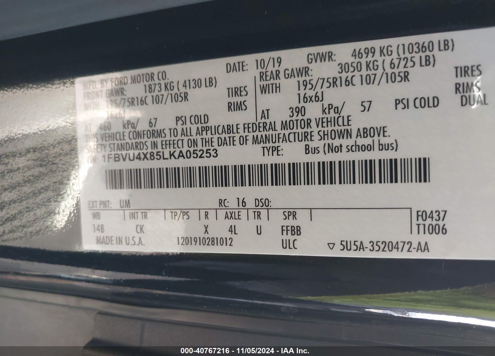 2020 FORD TRANSIT-350 PASSENGER VAN XLT VIN: 1FBVU4X85LKA05253