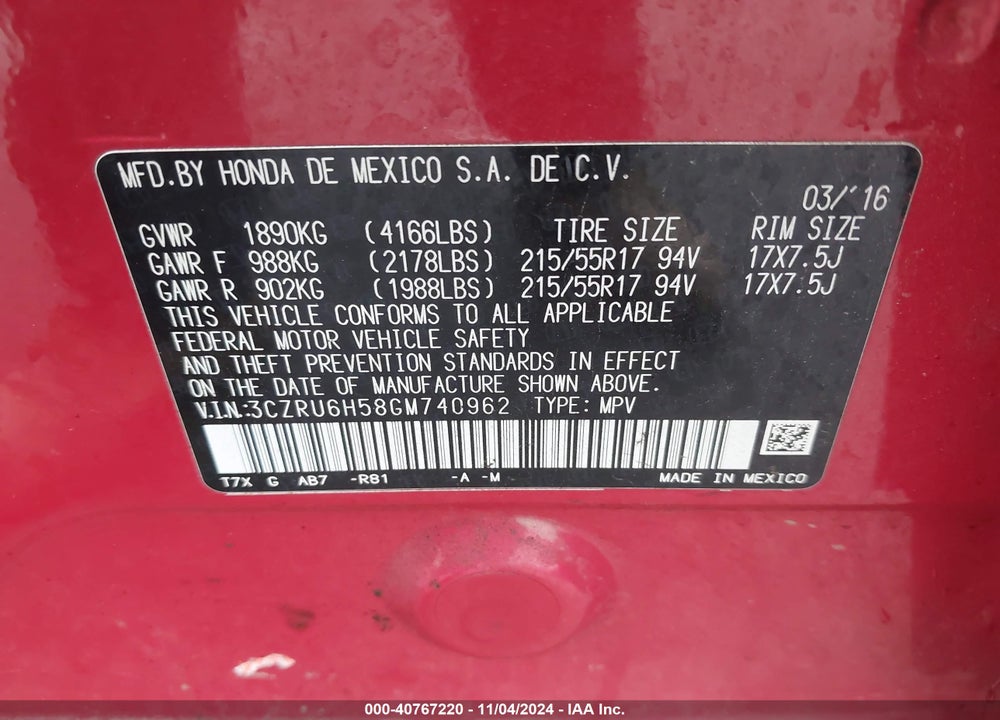 2016 HONDA HR-V EX VIN: 3CZRU6H58GM740962