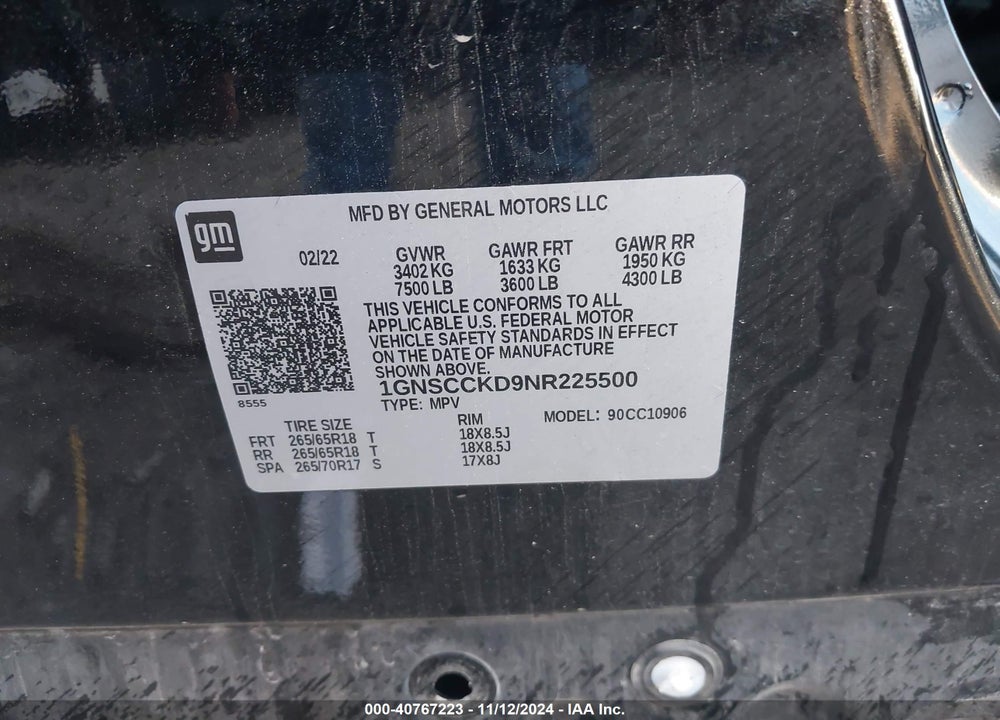 2022 CHEVROLET SUBURBAN 2WD LT VIN: 1GNSCCKD9NR225500
