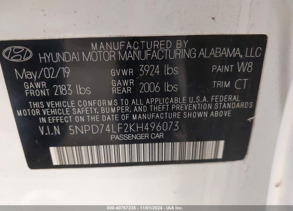 2019 HYUNDAI ELANTRA SE VIN: 5NPD74LF2KH496073