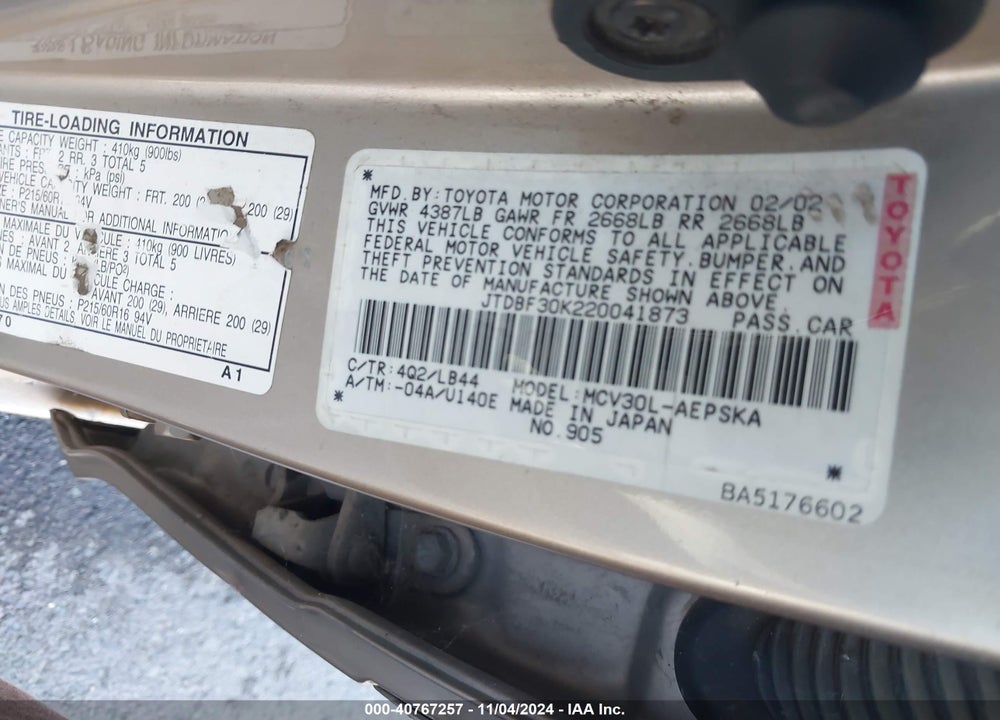 2002 TOYOTA CAMRY SE V6 VIN: JTDBF30K220041873