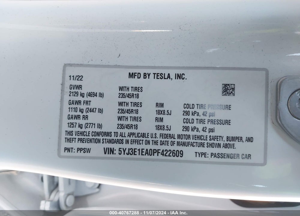 2023 TESLA MODEL 3 REAR-WHEEL DRIVE VIN: 5YJ3E1EA0PF422609
