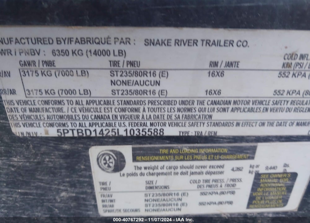 2020 SNAKE RIVER TRAILER VIN: 5PTBD1425L1035588