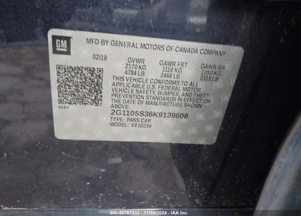 2019 CHEVROLET IMPALA PREMIER VIN: 2G1105S36K9139608