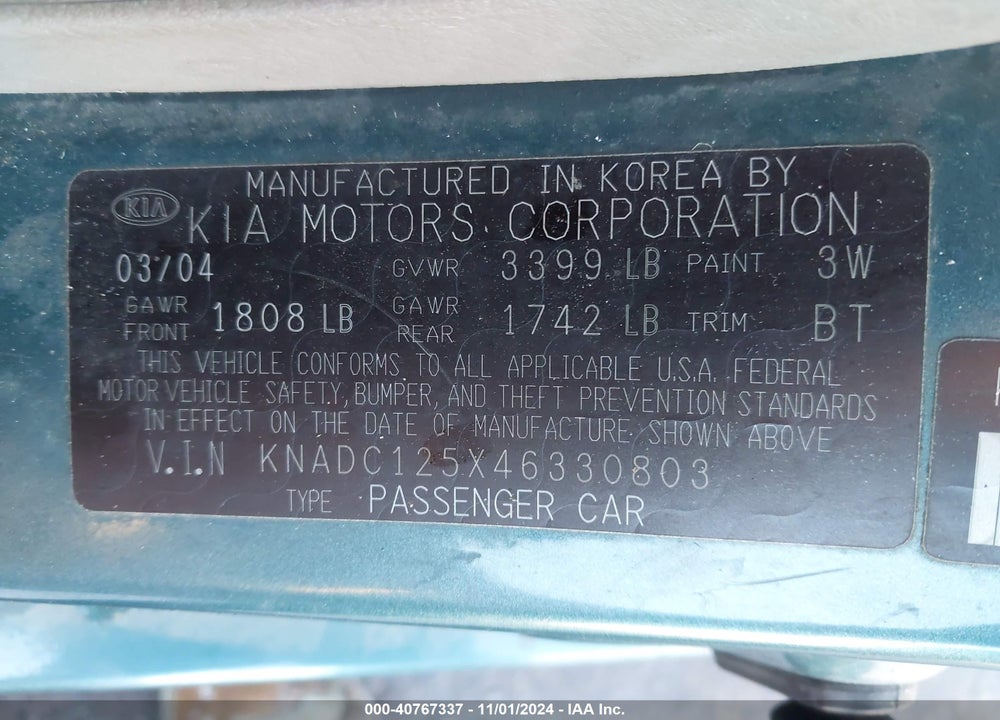 2004 KIA RIO VIN: KNADC125X46330803
