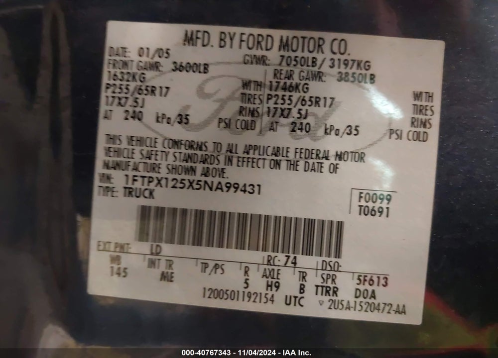 2005 FORD F-150 LARIAT/XL/XLT VIN: 1FTPX125X5NA99431