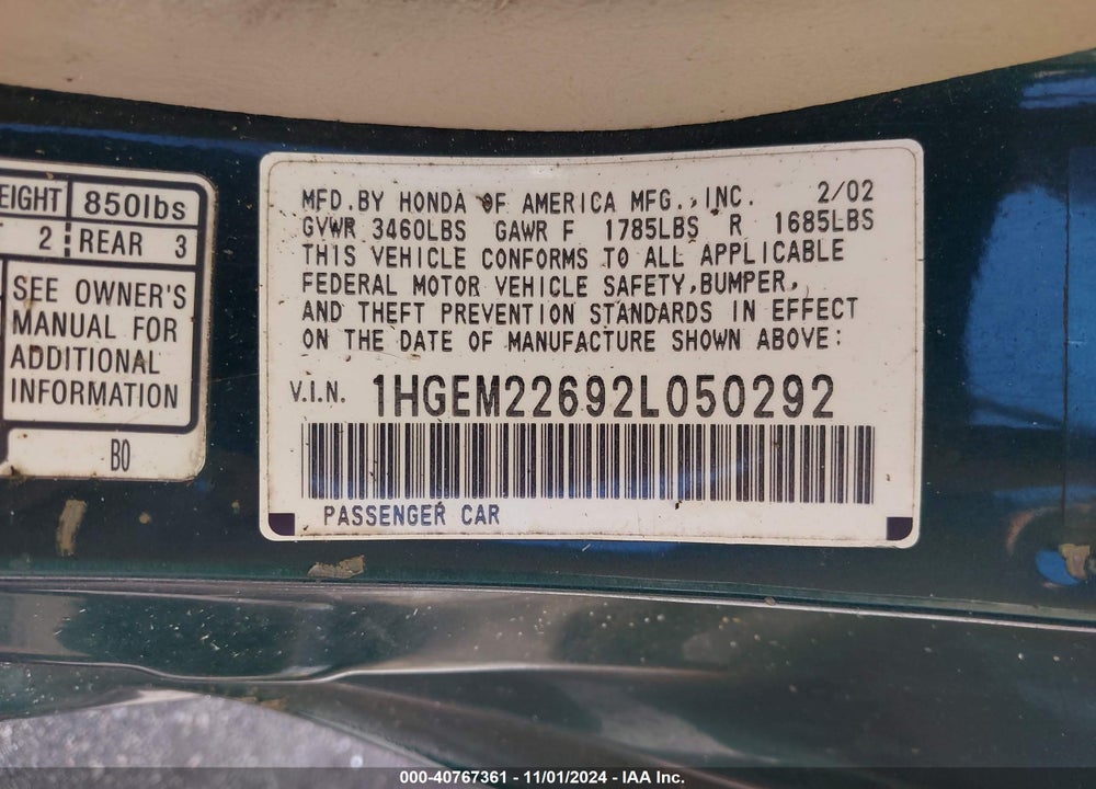 2002 HONDA CIVIC LX VIN: 1HGEM22692L050292