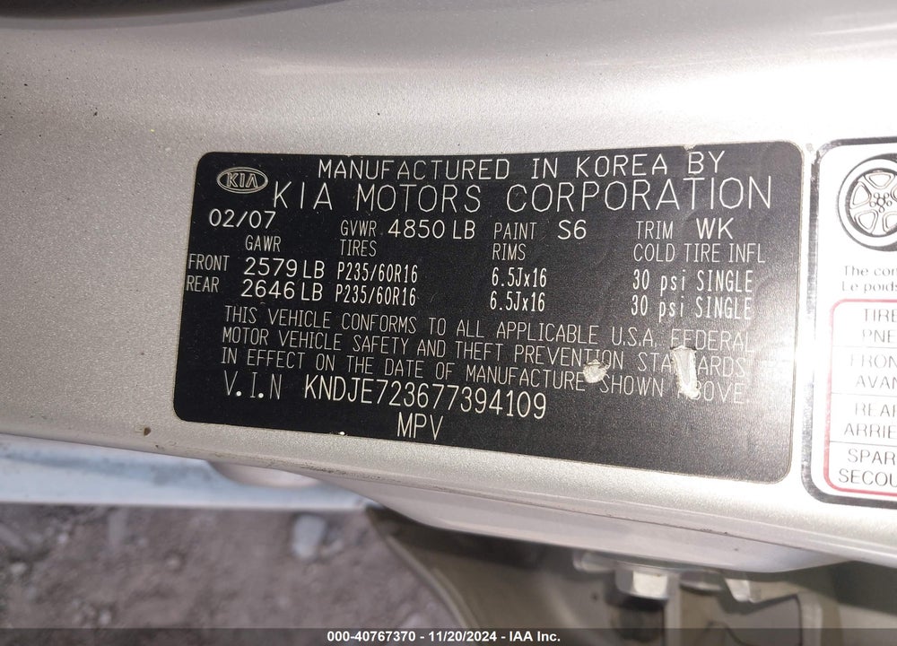 2007 KIA SPORTAGE LX V6 VIN: KNDJE723677394109