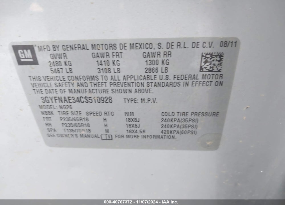 2012 CADILLAC SRX VIN: 3GYFNAE34CS510928