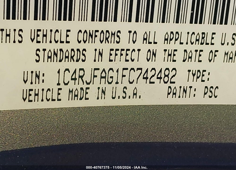 2015 JEEP GRAND CHEROKEE ALTITUDE VIN: 1C4RJFAG1FC742482