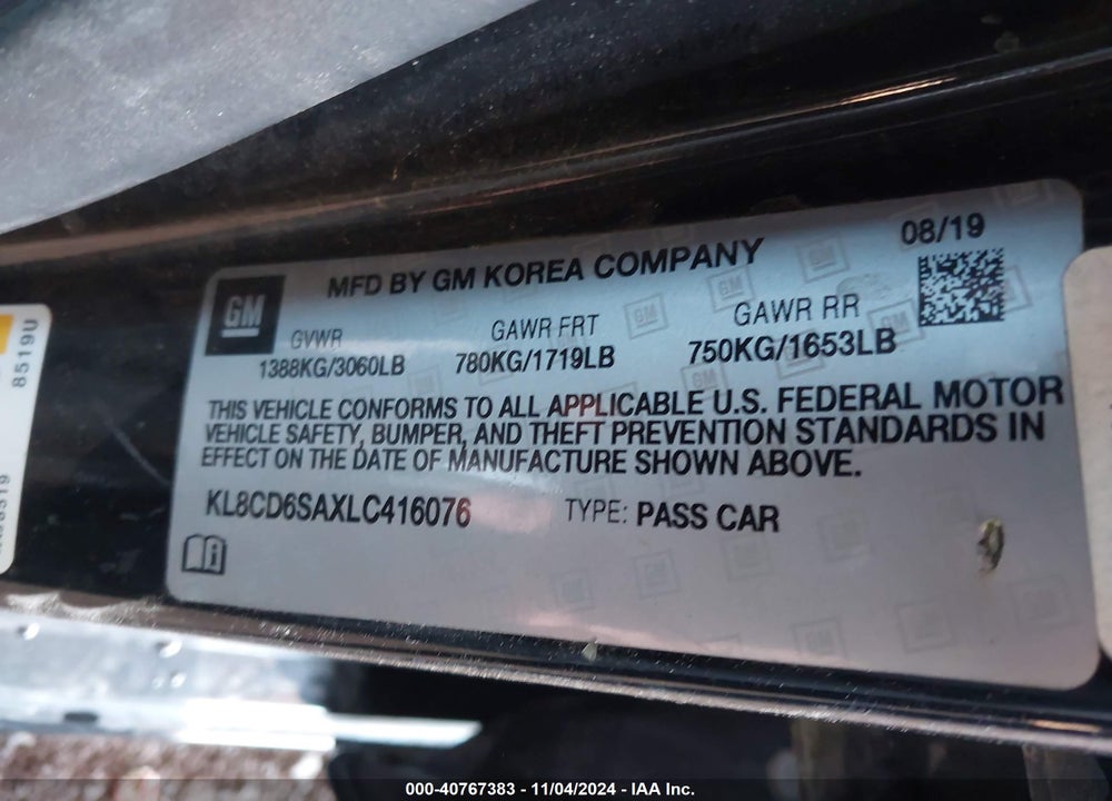 2020 CHEVROLET SPARK VIN: KL8CD6SAXLC416076