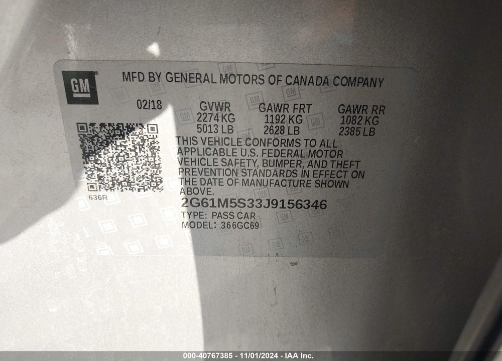 2018 CADILLAC XTS LUXURY VIN: 2G61M5S33J9156346