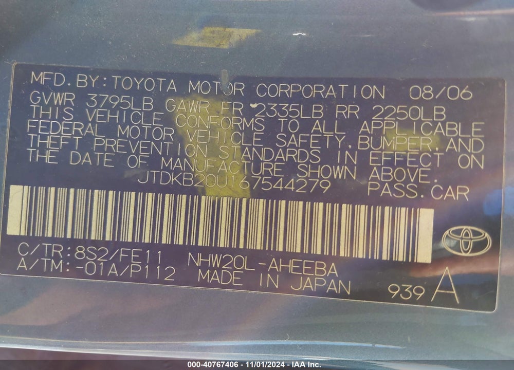 2006 TOYOTA PRIUS VIN: JTDKB20U167544279