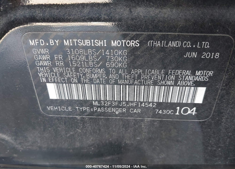 2018 MITSUBISHI MIRAGE G4 ES VIN: ML32F3FJ5JHF14542