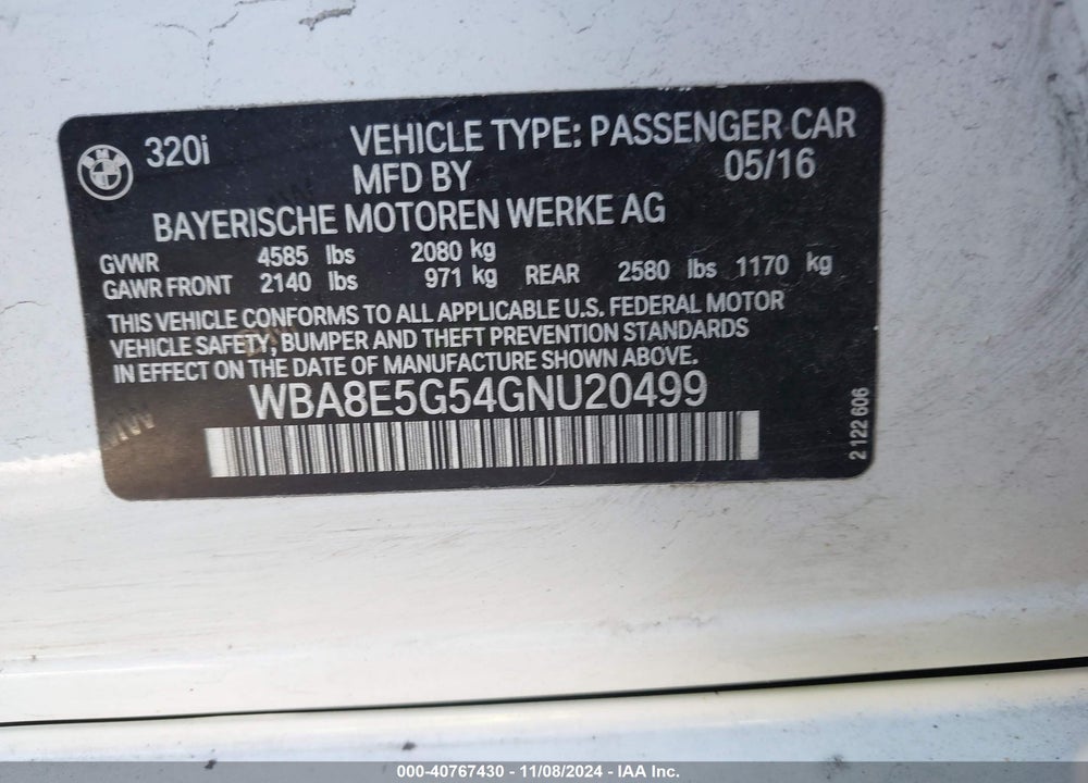 2016 BMW 320I XDRIVE VIN: WBA8E5G54GNU20499