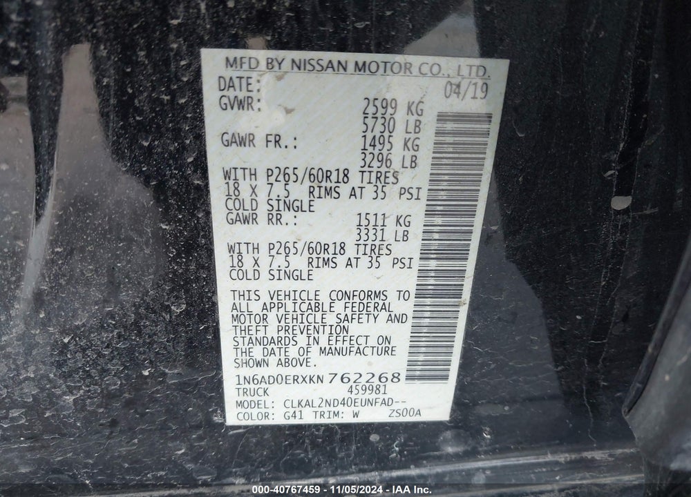 2019 NISSAN FRONTIER SV VIN: 1N6AD0ERXKN762268