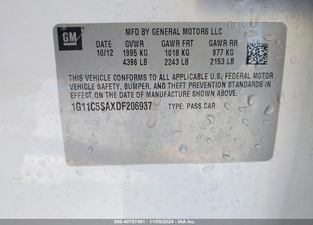 2013 CHEVROLET MALIBU 1LT VIN: 1G11C5SAXDF206937