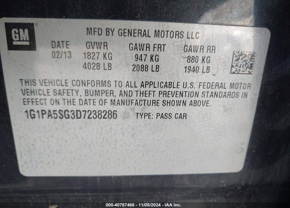 2013 CHEVROLET CRUZE LS AUTO VIN: 1G1PA5SG3D7238286