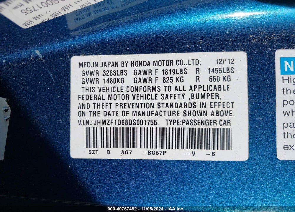 2013 HONDA CR-Z EX VIN: JHMZF1D68DS001755