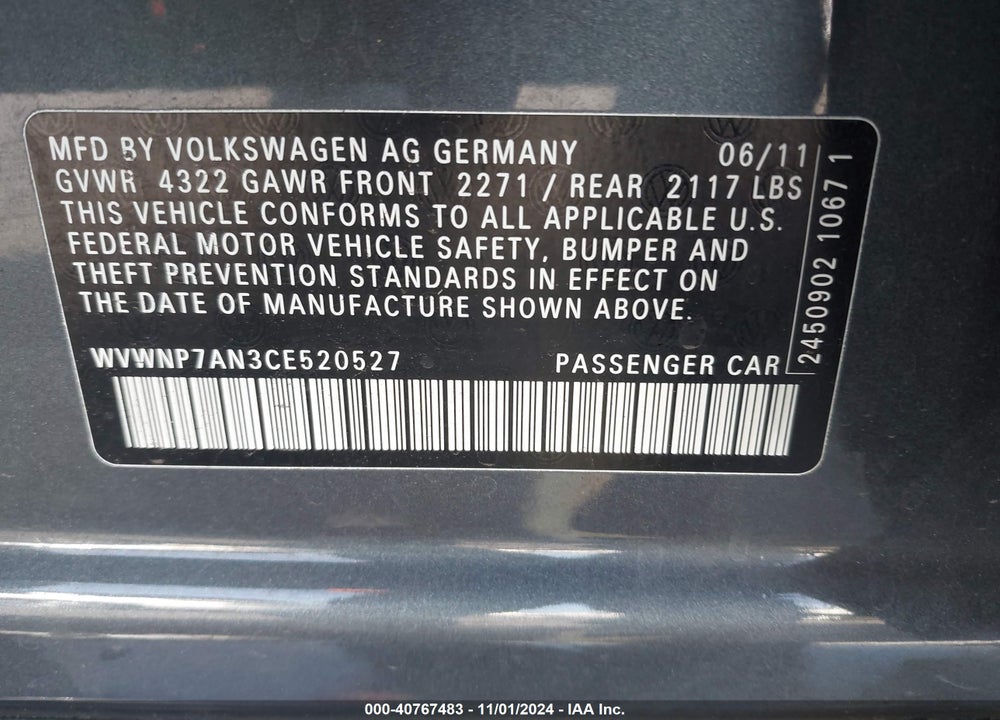 2012 VOLKSWAGEN CC SPORT VIN: WVWNP7AN3CE520527