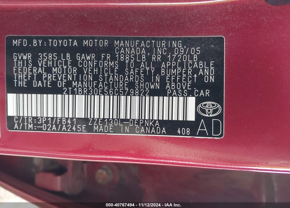 2006 TOYOTA COROLLA LE VIN: 2T1BR30E56C579822