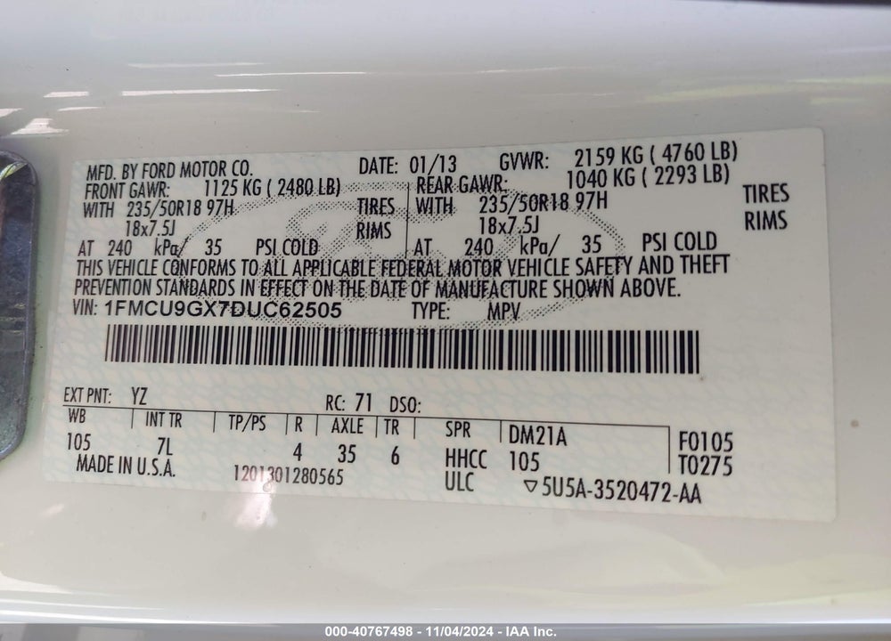 2013 FORD ESCAPE SE VIN: 1FMCU9GX7DUC62505