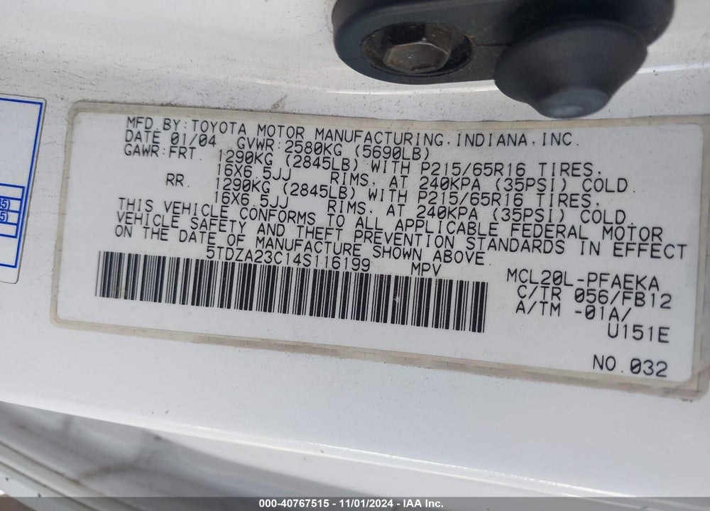 2004 TOYOTA SIENNA LE VIN: 5TDZA23C14S116199