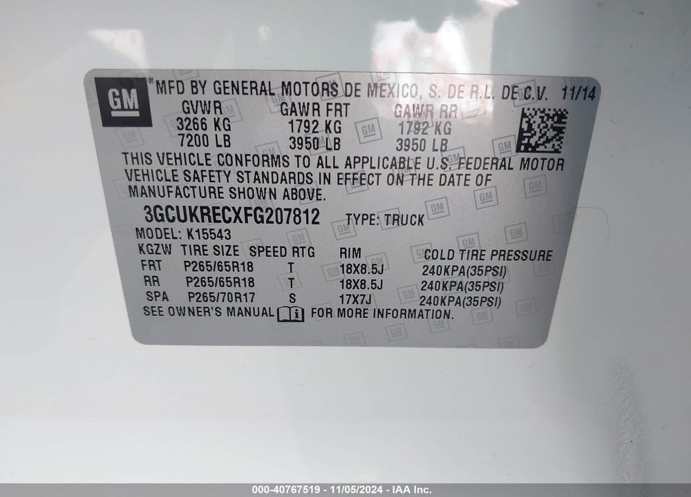 2015 CHEVROLET SILVERADO 1500 2LT VIN: 3GCUKRECXFG207812