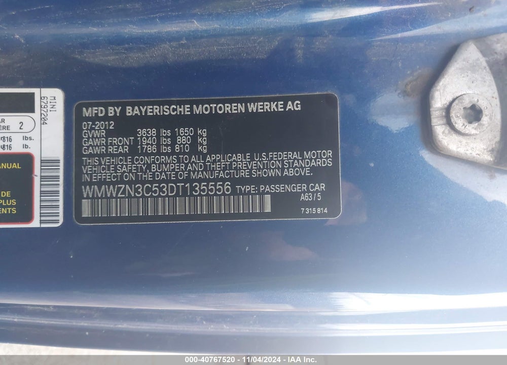2013 MINI CONVERTIBLE COOPER VIN: WMWZN3C53DT135556