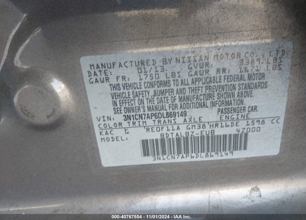 2013 NISSAN VERSA 1.6 SV VIN: 3N1CN7AP6DL869149