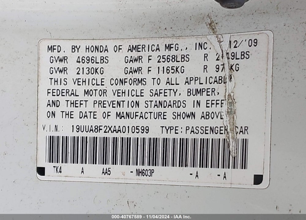 2010 ACURA TL 3.5 VIN: 19UUA8F2XAA010599