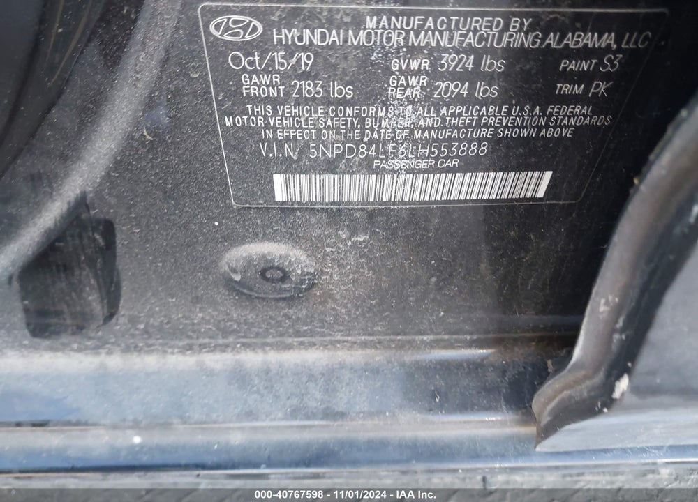 2020 HYUNDAI ELANTRA SEL VIN: 5NPD84LF6LH553888
