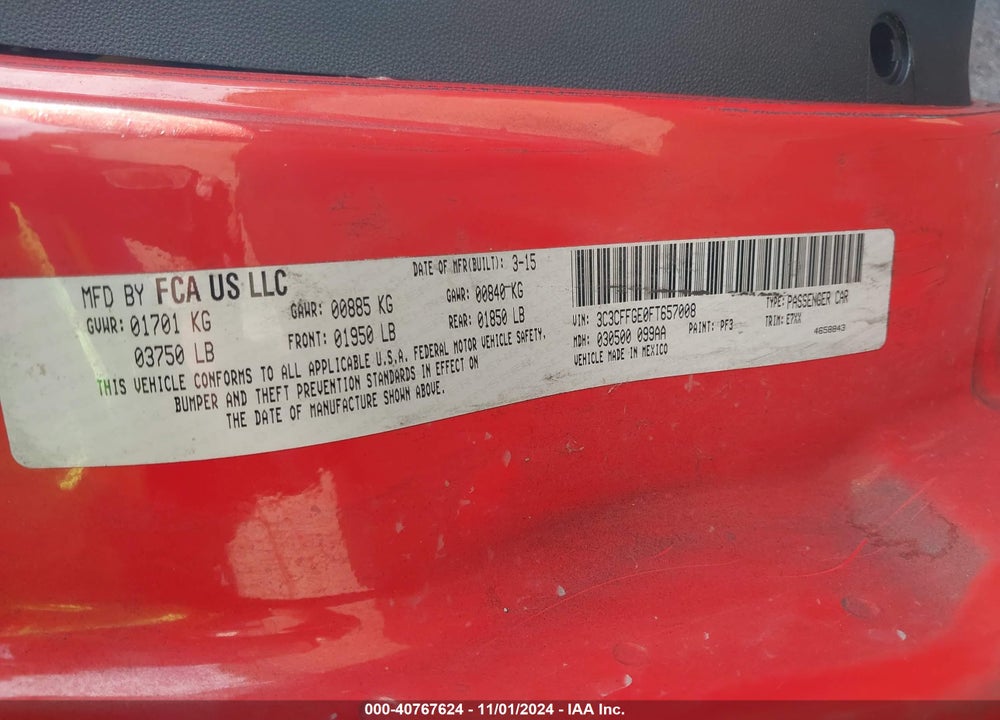 2015 FIAT 500E BATTERY ELECTRIC VIN: 3C3CFFGE0FT657008