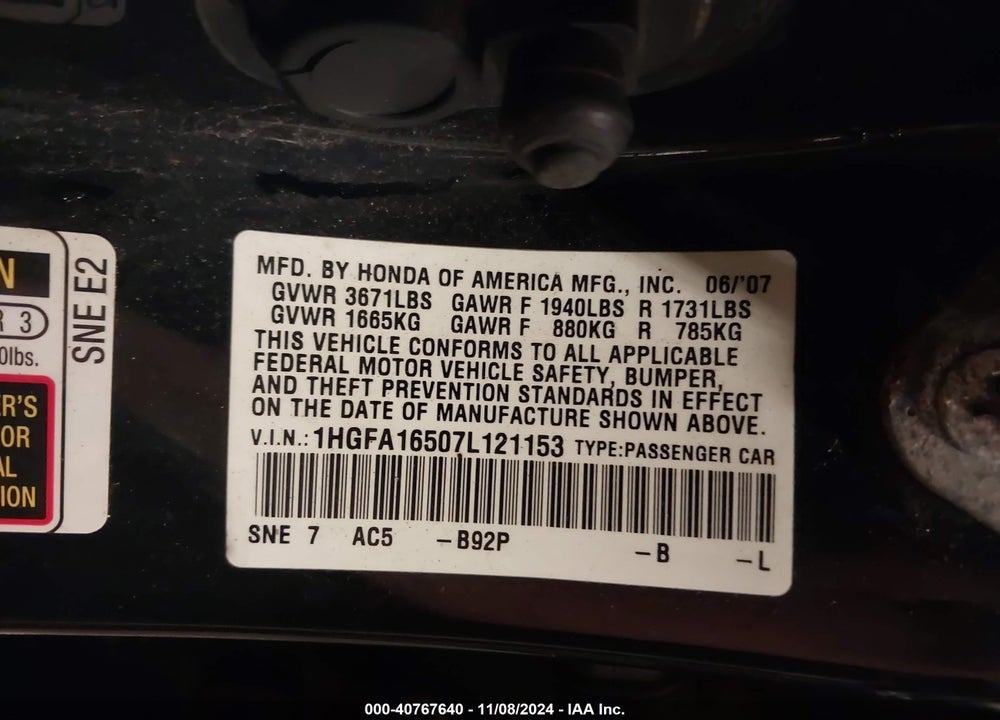 2007 HONDA CIVIC LX VIN: 1HGFA16507L121153