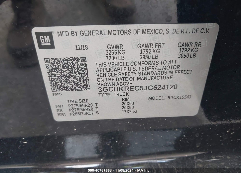 2018 CHEVROLET SILVERADO 1500 1LT VIN: 3GCUKREC5JG624120