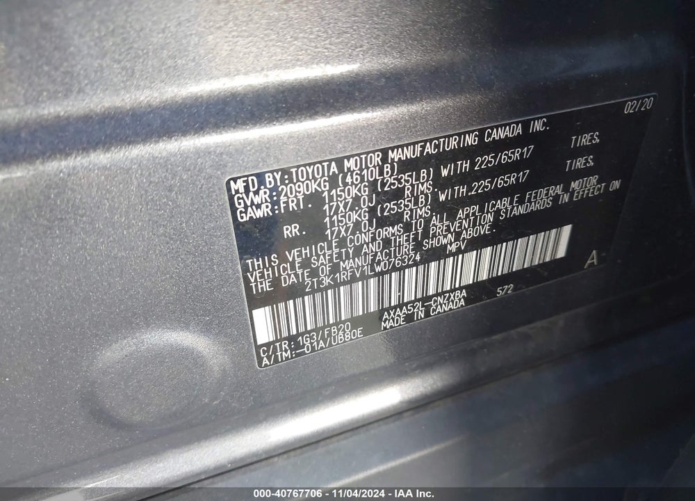 2020 TOYOTA RAV4 LE VIN: 2T3K1RFV1LW076324